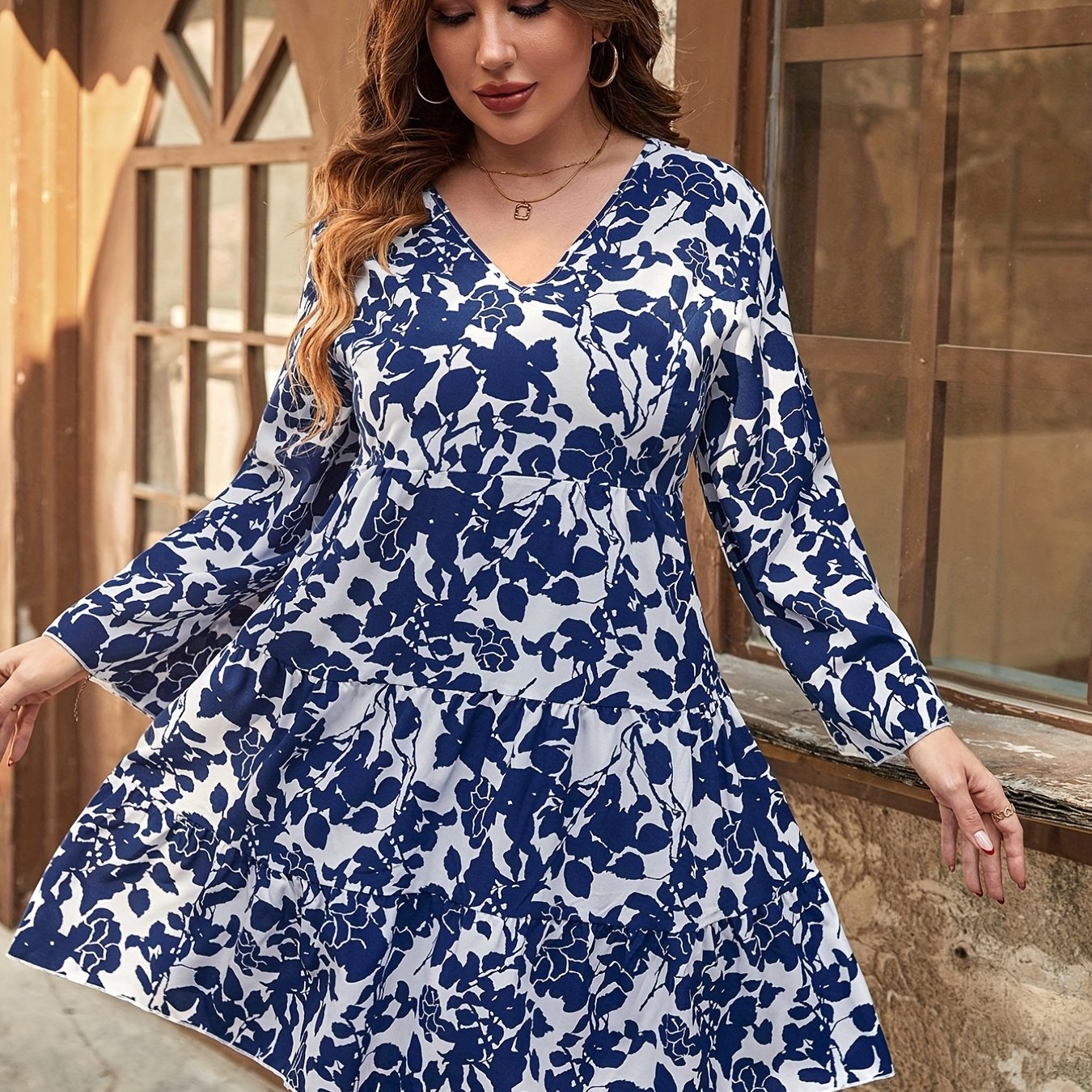 Floral Print Bell Sleeve V Neck Pleated Plus Size Dress