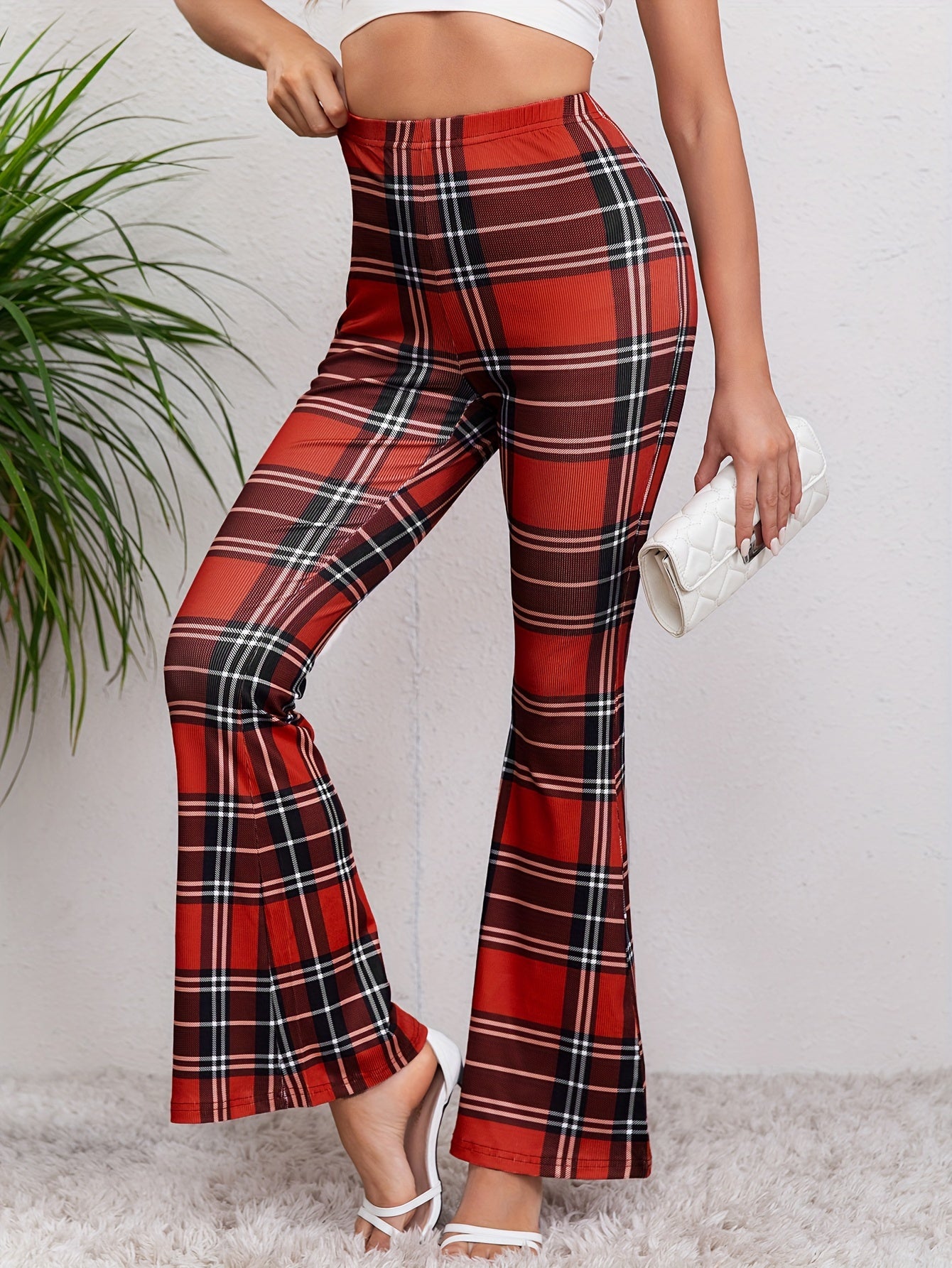 Plaid Stretch Flare Pants Fitness Yoga Bell Bottom Activewear