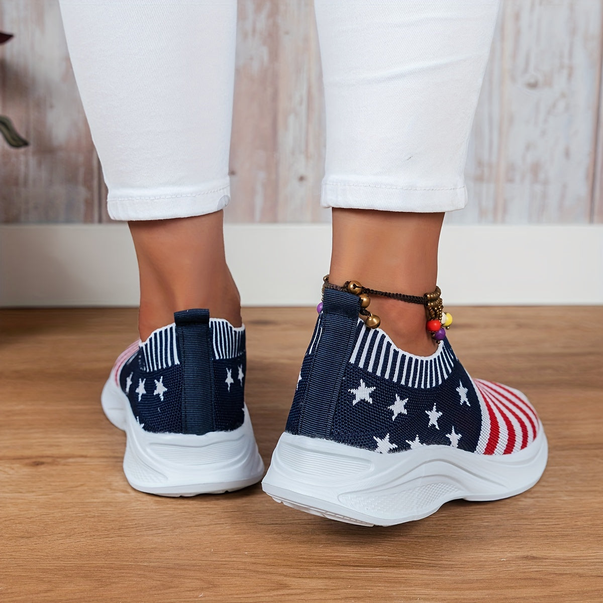Women's Flag Pattern Sock Sneakers Low Top Slip On Knit Shoes