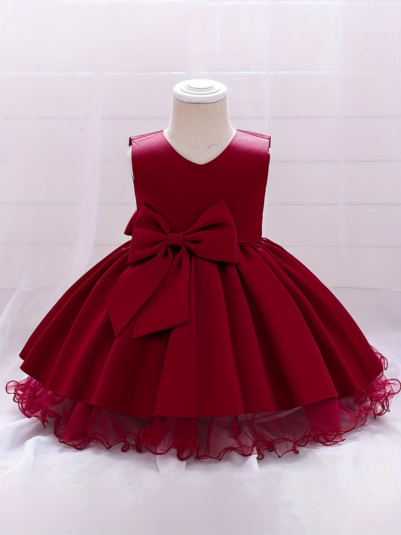 Baby Girls Princess Dress with Bowknot V Neck Mesh Trim