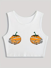 Pumpkin & Skull Hand Print Sleeveless Tank Top