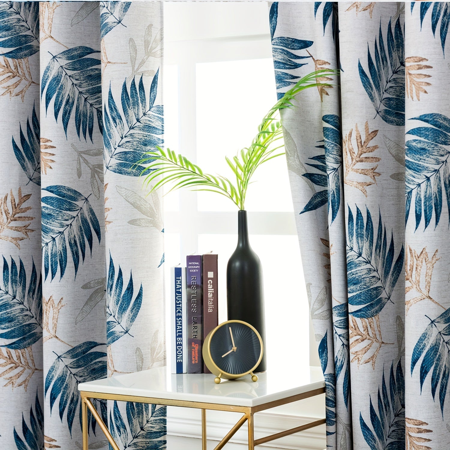 Leaf Printed Blackout Curtain Set with Pleat Hooks