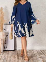 Women's Floral Print Bell Sleeve V Neck Casual Dress