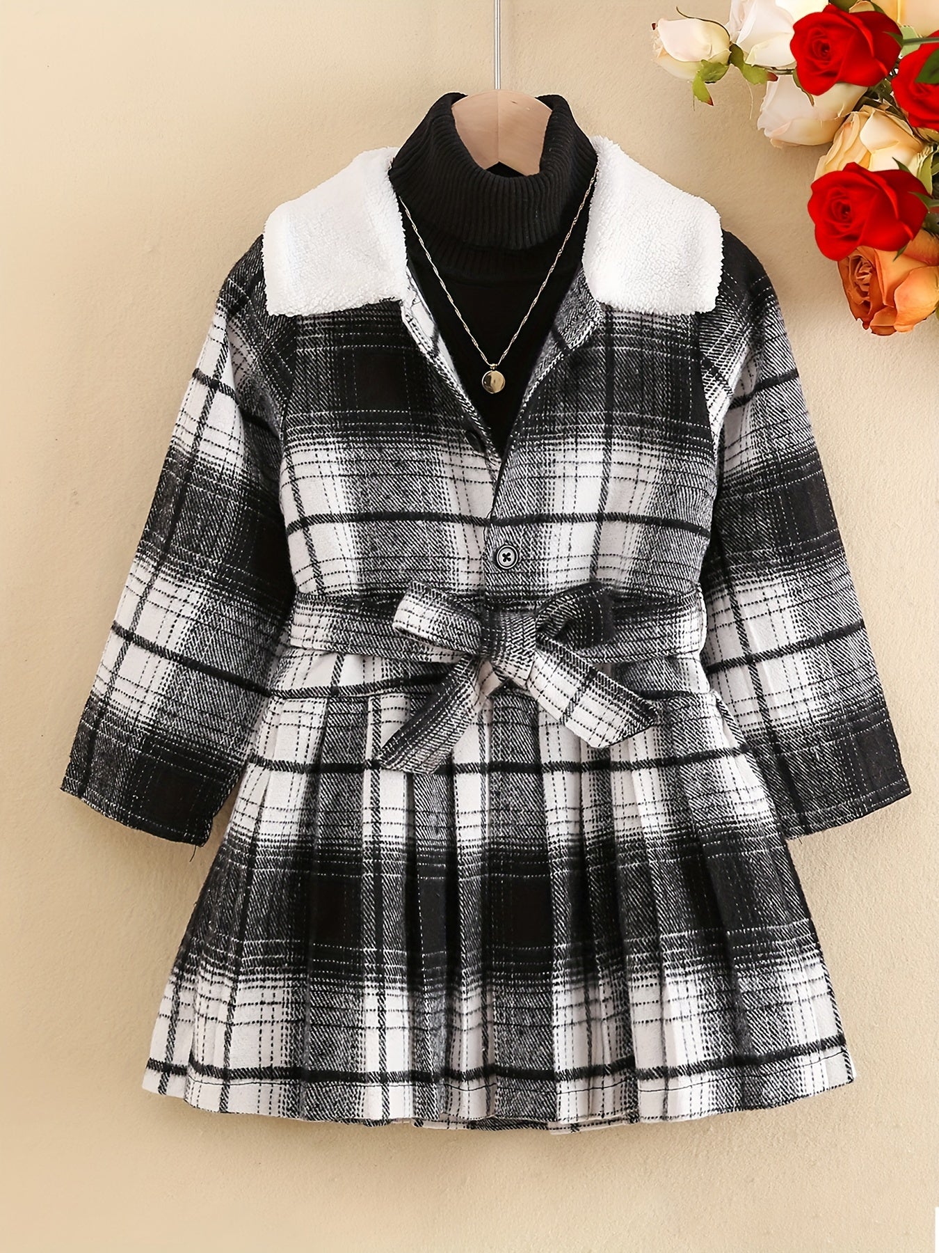 Girls Fleece Collar Plaid Style Open Front Dress