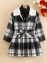 Girls Fleece Collar Plaid Style Open Front Dress