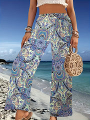 Paisley Print Wide Leg Pants Boho Elastic Waist Long Length Pants