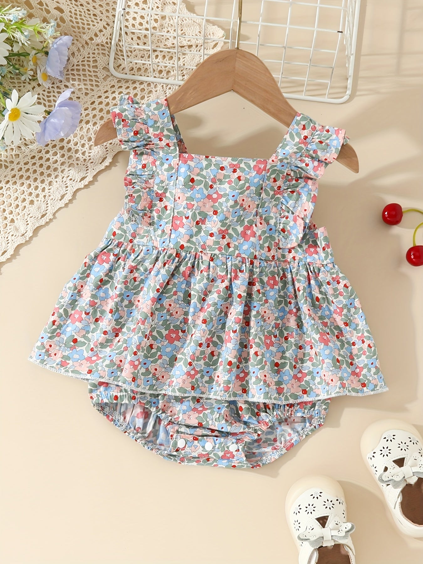 Baby Girls Floral Print Ruffle Sleeve Onesie Dress