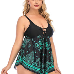 Ethnic Print Push Up Tankini Set Women's Plus High Stretch Swimsuit