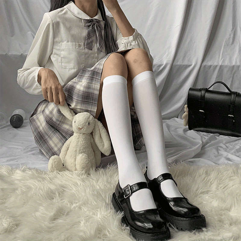 Solid Calf Socks College Style Knee High Stockings Women's Hosiery