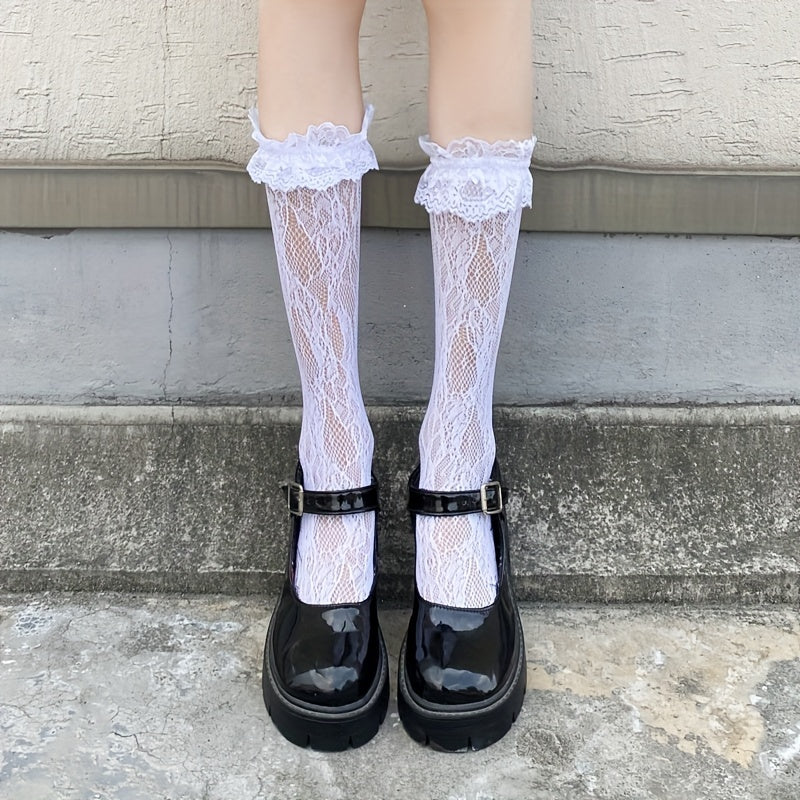 Lace Mesh Calf Socks Ruffle Knee High Stockings