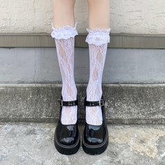 Lace Mesh Calf Socks Ruffle Knee High Stockings