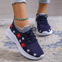 Women's Stars Pattern Flat Sneakers Lace Up Low Light Shoes