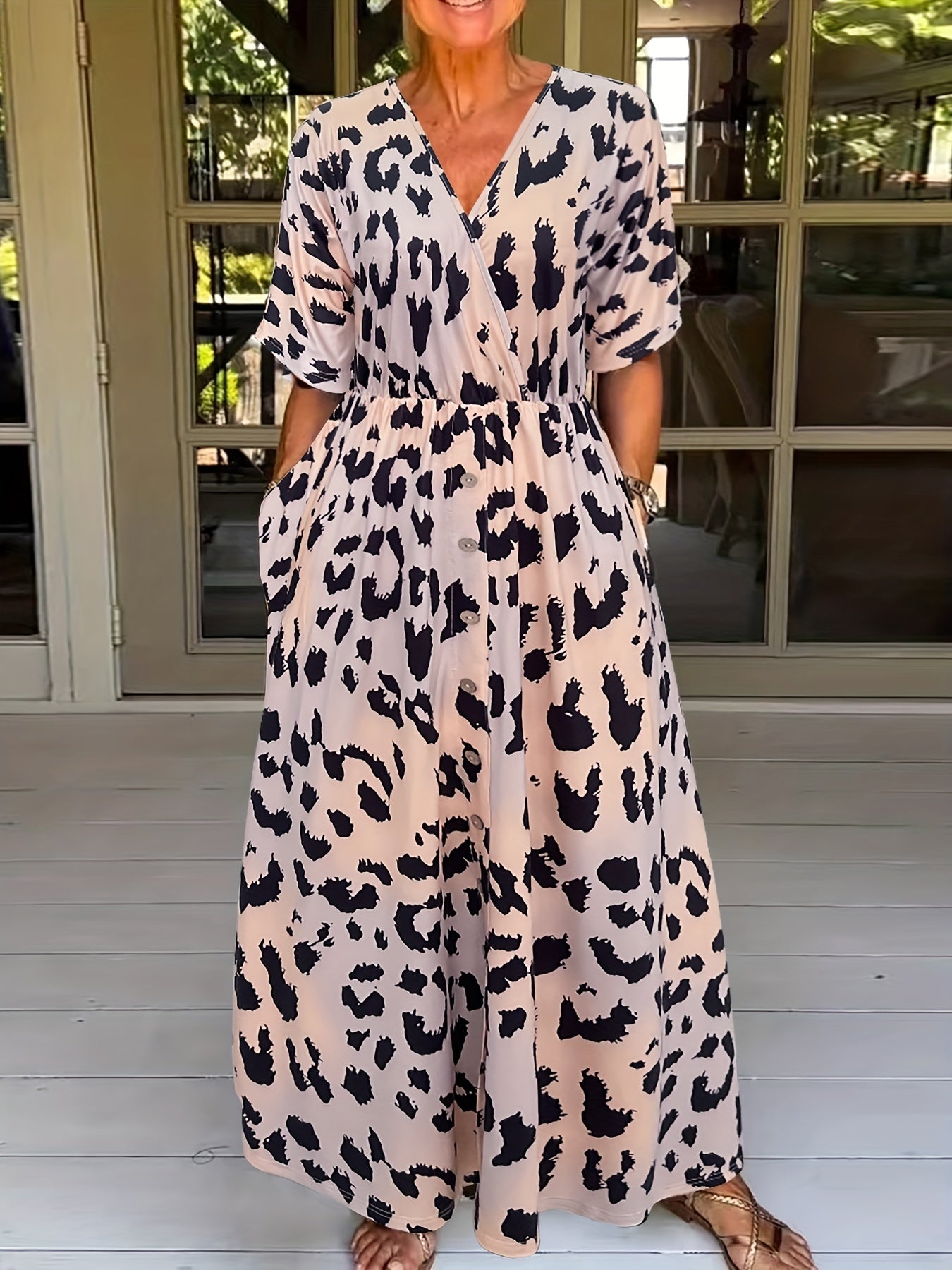 Leopard Print Maxi Dress Elastic Waist Short Sleeve Dress Women's Clothing