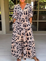 Leopard Print Maxi Dress Elastic Waist Short Sleeve Dress Women's Clothing