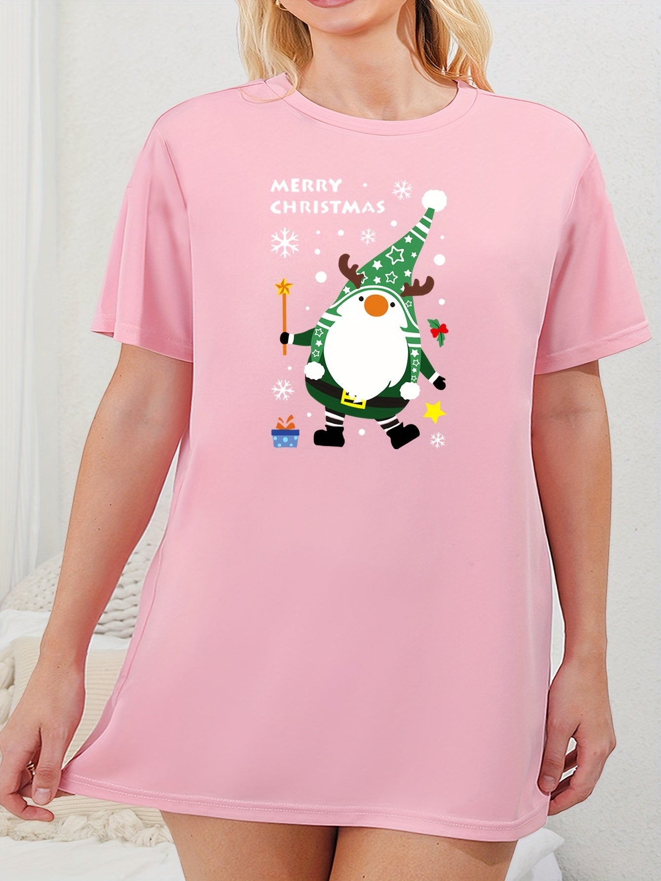 Christmas Lounge Dress Women's Plus Gnome & Snowflake Print Nightdress