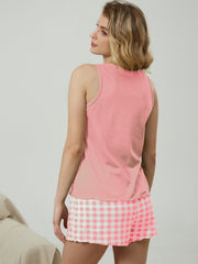 Plaid Pajama Set Crew Neck Tank Top Lounge Shorts Women's Sleepwear