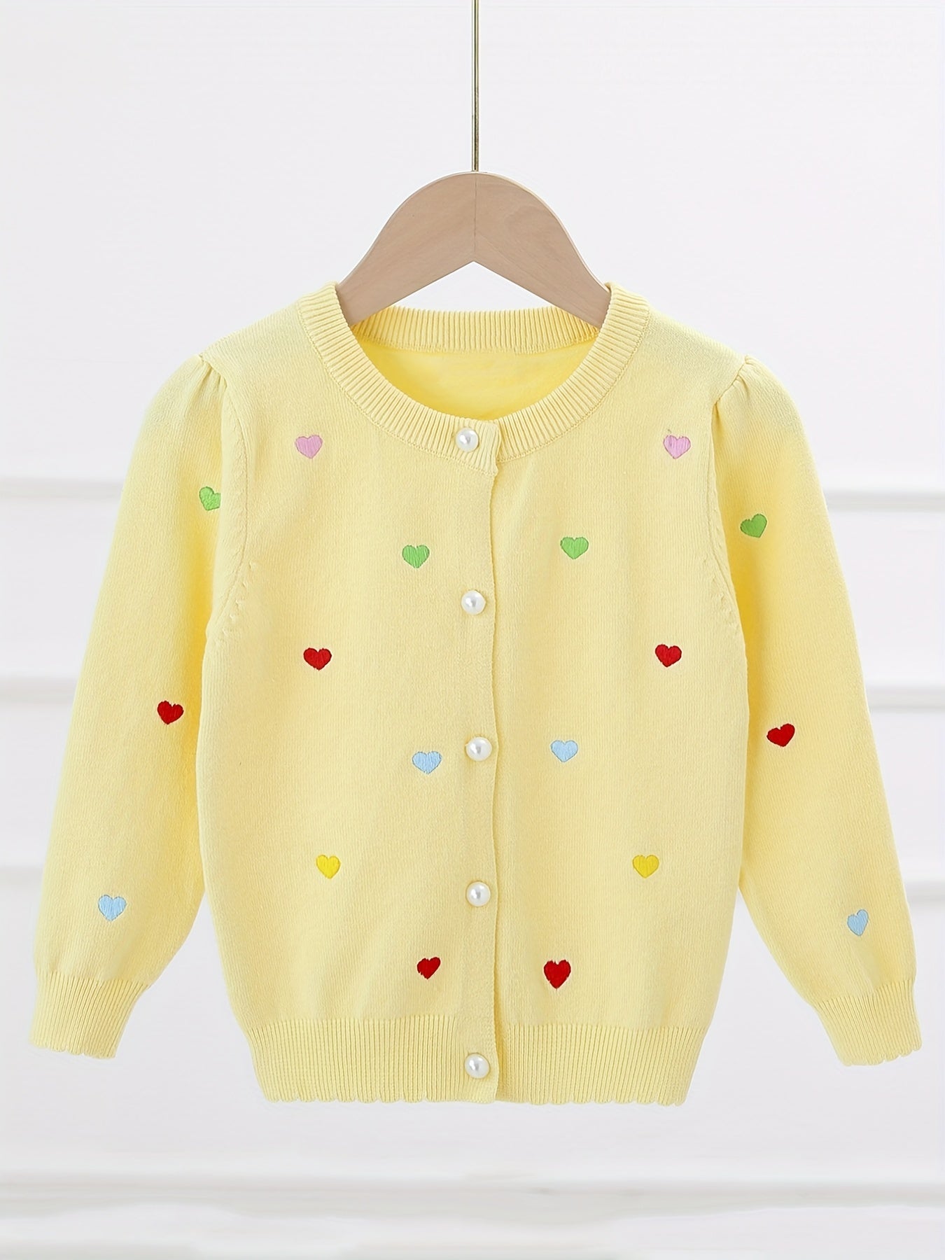 Girls Heart Embroidery Round Neck Knit Cardigan for Spring Fall