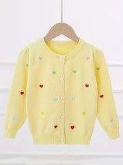 Girls Heart Embroidery Round Neck Knit Cardigan for Spring Fall