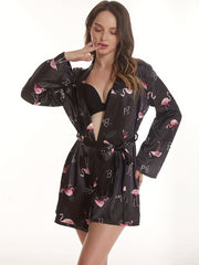 Flamingo Print Night Robe Long Sleeve V Neck Robe Women's Sleepwear