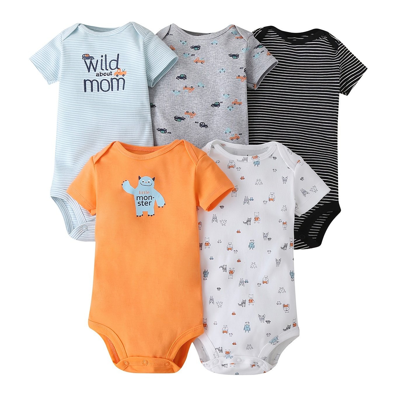5pcs Baby Boys Casual Short Sleeve Onesie With Assorted Designs