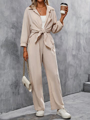 2-Piece Solid Button Up Blouse & Wide Leg Pants Set