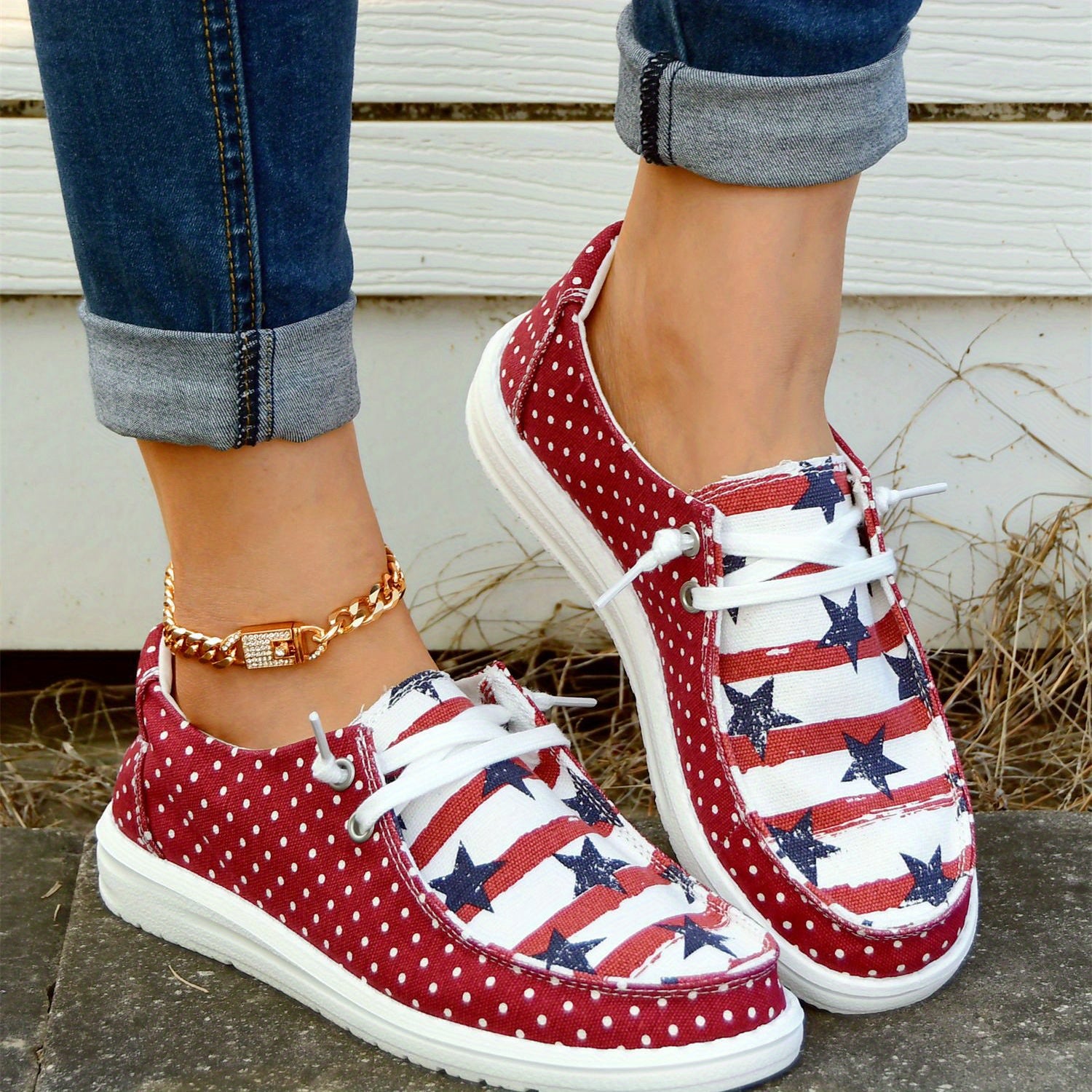 Polka Dot & American Flag Boat Shoes Lace Up Walking Shoes Round Toe Sneakers