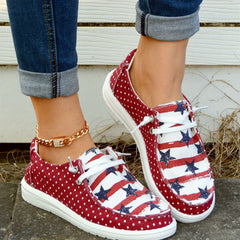 Polka Dot & American Flag Boat Shoes Lace Up Walking Shoes Round Toe Sneakers