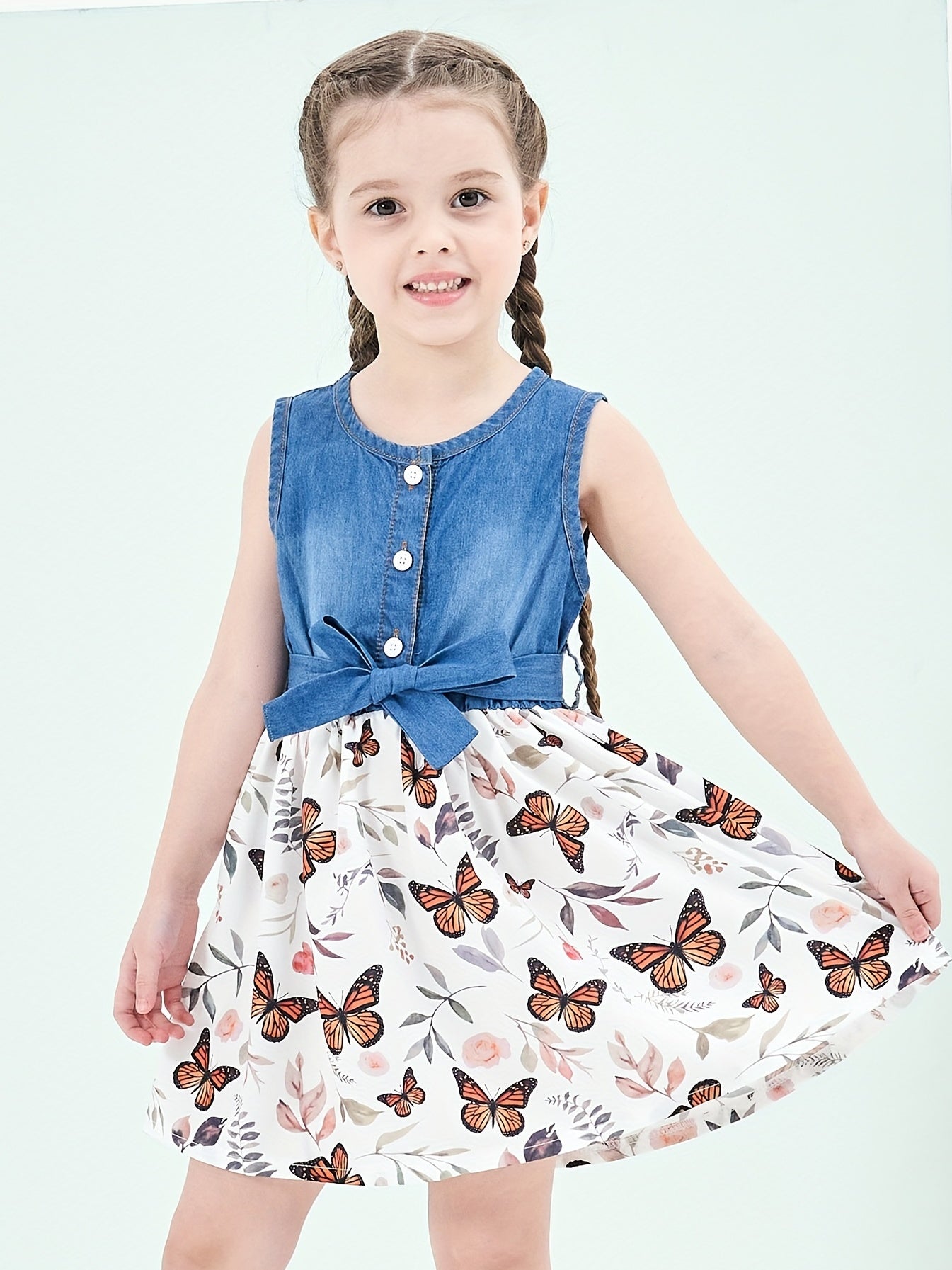 Baby Girls Casual Puffy Denim Dress with Butterflies Print