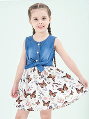 Baby Girls Casual Puffy Denim Dress with Butterflies Print