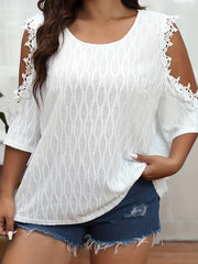 Plus Size Solid Jacquard Cold Shoulder Blouse with Lace Trim