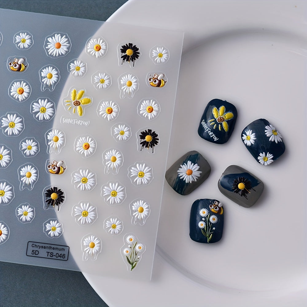 5D Daisy Bee Nail Art Stickers, Self Adhesive Nail Decals