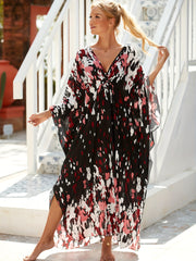 Casual Cover Up Dress Women's Plus Random Print Bat Sleeve V Neck