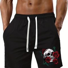 Skull & Rose Print Men's Activewear Drawstring Shorts