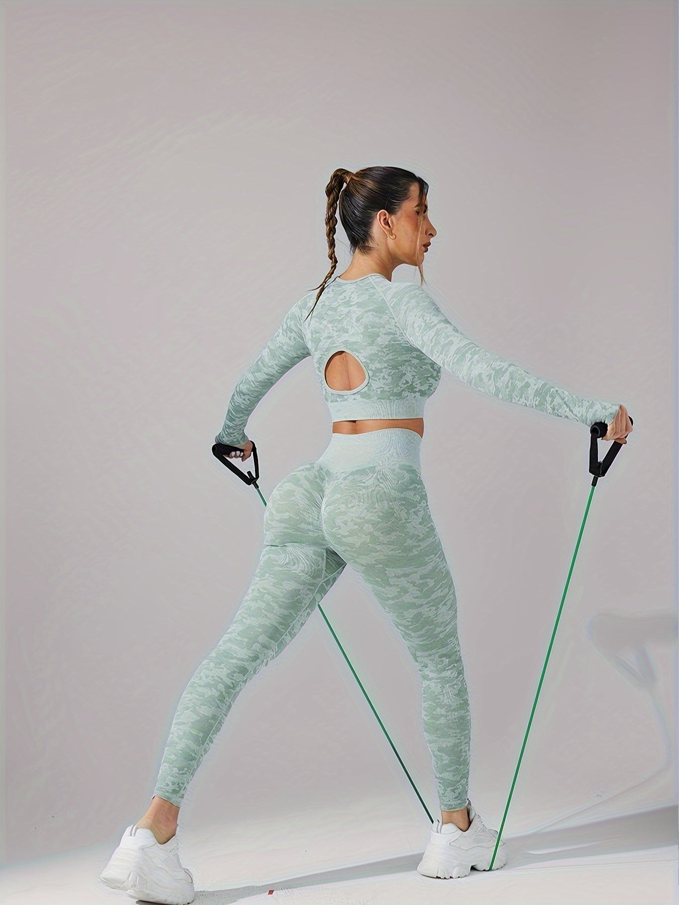 2pcs Slim Fit Yoga Sports Set Solid Long Sleeve Crop Tops & High Waist