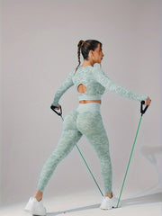 2pcs Slim Fit Yoga Sports Set Solid Long Sleeve Crop Tops & High Waist