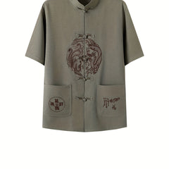 Men's Dragon Print Frog Button Chinese Style Shirt