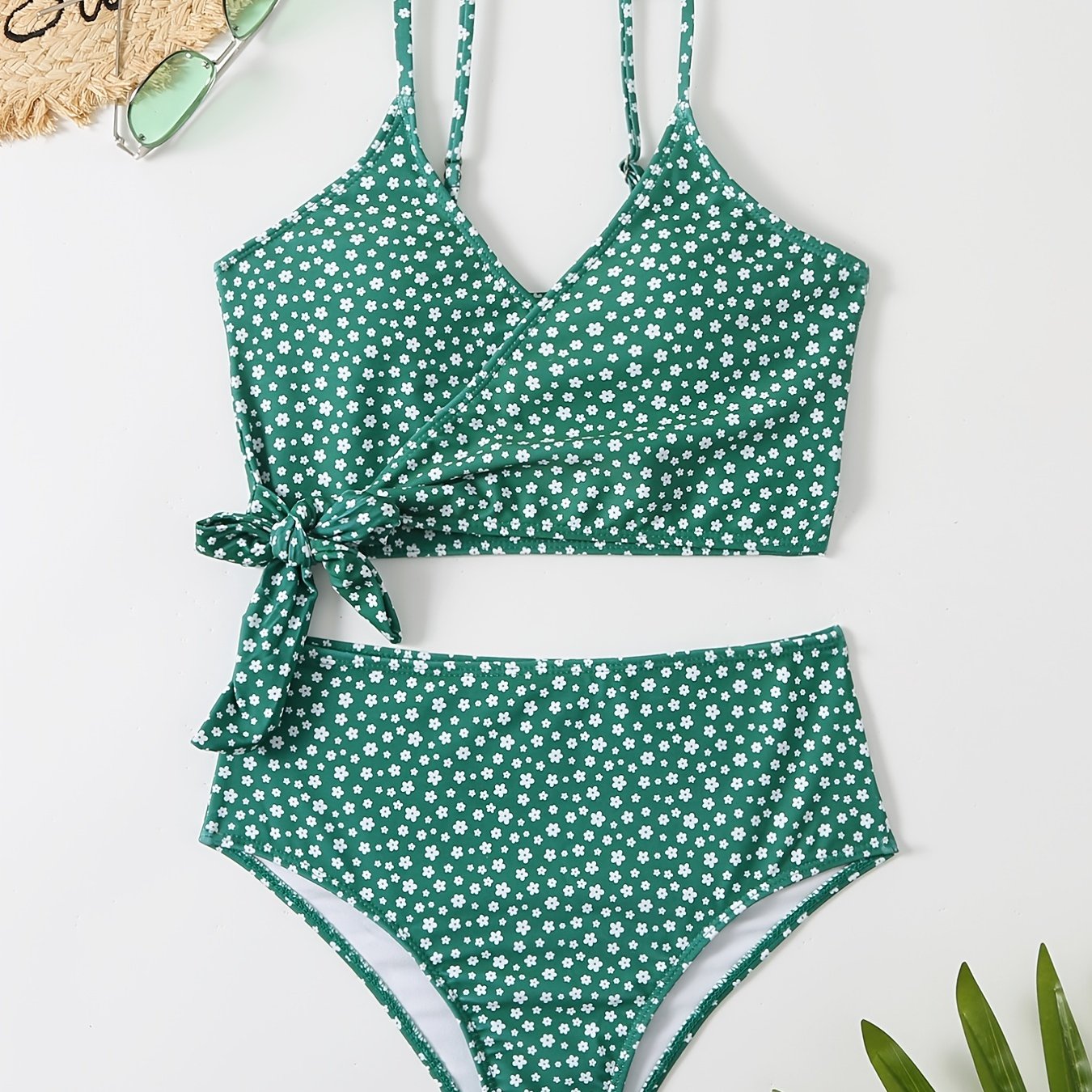 Green Layered Tie Side Bikini Set High Waist High Cut Two Piece Swimsuit