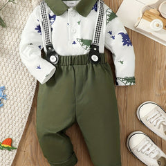2pcs Dinosaur Graphic Tops & Overall Pants Suit for Boys