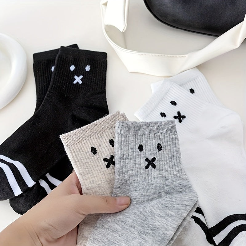 4 Pairs Cartoon Print Mid Tube Socks Soft & Comfy Ribbed Socks Women's Stockings