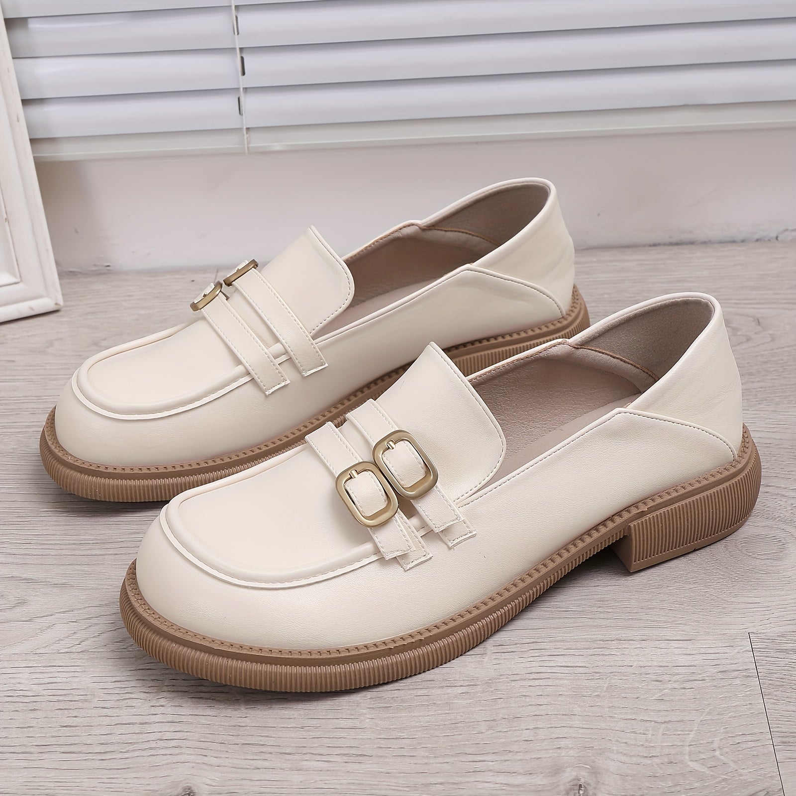 Women's Buckle Strap Loafers Faux Leather Comfortable Work Shoes