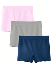 3pcs Solid Ribbed Boyshort Panties Soft & Comfortable Mid Rise Stretch Panties
