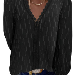 Plus Size Stripe Print Lace Lantern Sleeve V Neck Top