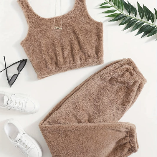 Solid Fuzzy Lounge Set Crew Neck Tank Top & Pants Women's Loungewear