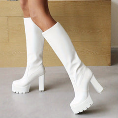 Women's Block Heeled Slip On Platform Boots Faux Leather Comfort Booties