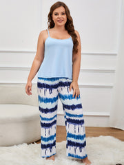 Casual Pajama Set Women's Solid Cami Top & Tie Dye Wide Leg Pants