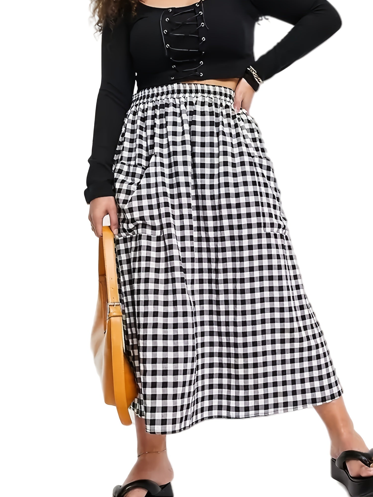 Gingham Print High Waist Skirt With Pockets Women's Plus Long Skirt