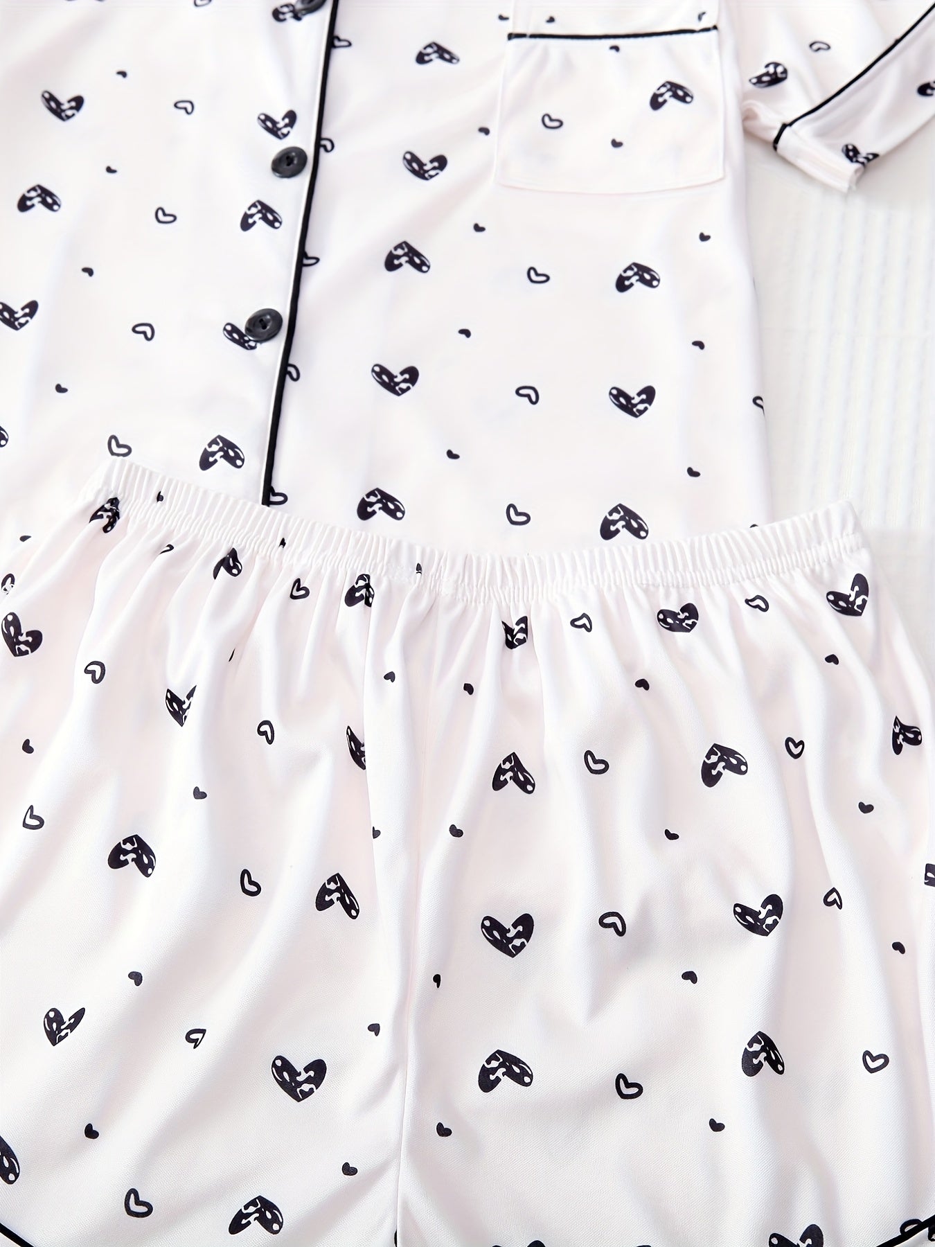 Heart Print Pajama Set Short Sleeve Buttons Top & Elastic Waistband Shorts