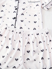 Heart Print Pajama Set Short Sleeve Buttons Top & Elastic Waistband Shorts