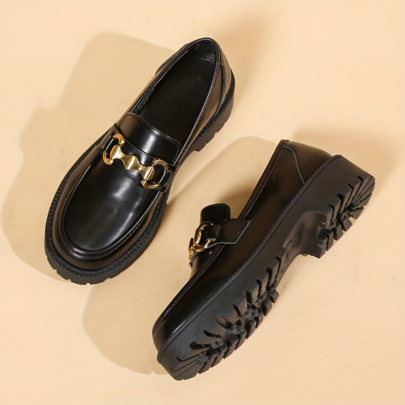 British Style Metal Decor Loafers Slip On Chunky Heel Shoes
