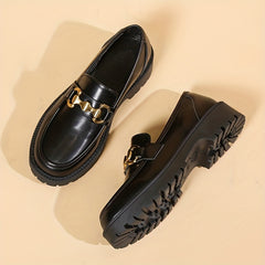 British Style Metal Decor Loafers Slip On Chunky Heel Shoes